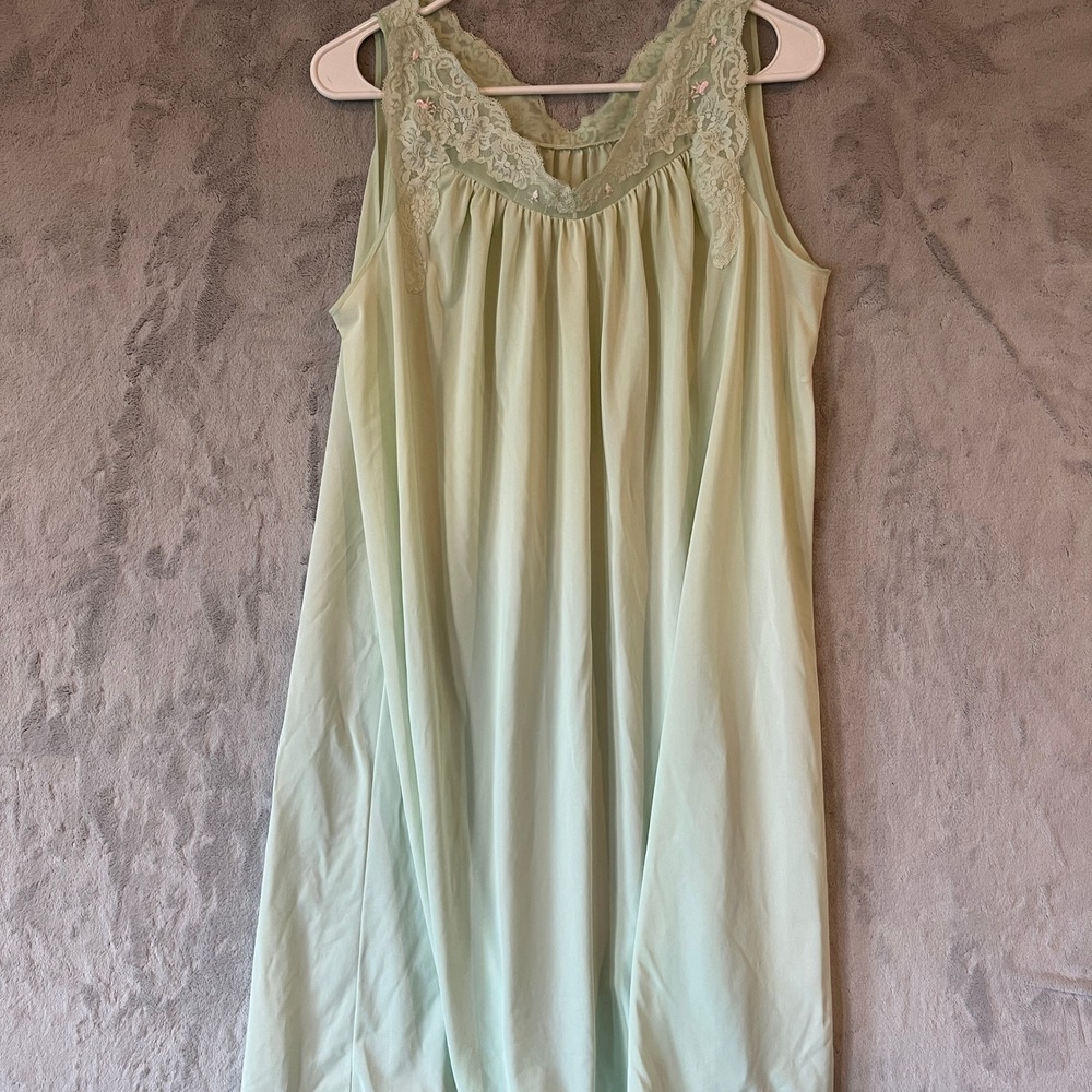 Shadowline Nightgown Womens L Green Lace Trim‎ Sleeveless Vintage Sleepwear